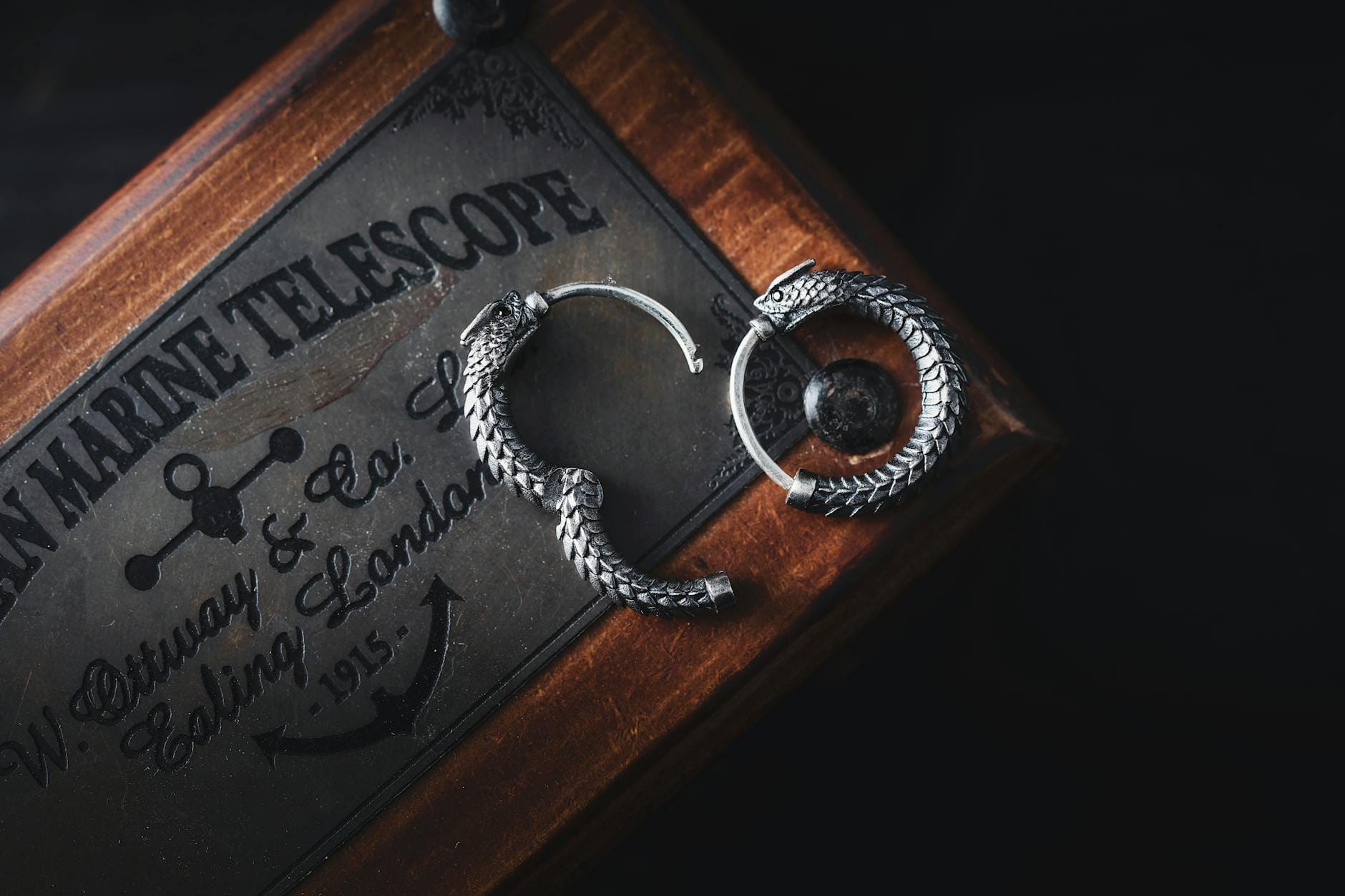 Srebrne kolczyki ouroboros na tle starego, wysuwanego pudełka